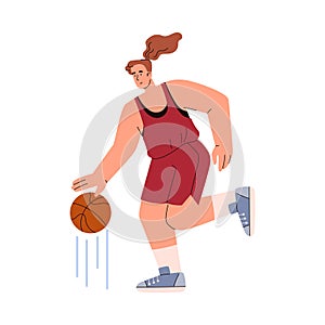 Basketball player woman running and dribbling ball, cartoon game competition, vector illustration with lines of motion