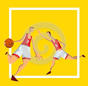 Basketball players in abstract flat style. Men playing with a basketball ball. Template for sport poster. Vector