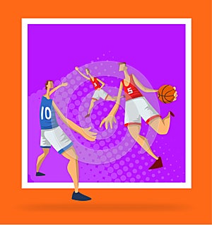 Basketball players in abstract flat style. Men playing with a basketball ball. Template for sport poster. Vector
