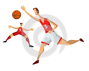Basketball players in abstract flat style. Men playing with a basketball ball. Vector illustration isolated on white