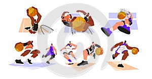 Basketball players in action set. Athletes playing sport game, throwing ball to basket net, dribbling, running, jumping