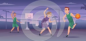 Basketball players. Male and female basketball active game exact vector cartoon background