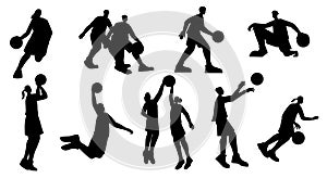 Basketball players silhouettes. Set of athlete characters run dribble jump block pass ball, sport game tournament