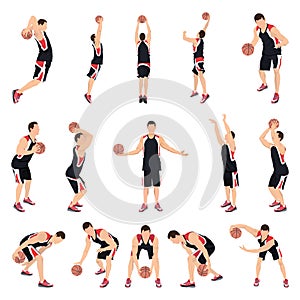 Basketball players, vector illustration. Crossover dribbling, bouncing, passing, shooting ball, free throw, slam dunk.