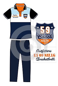 basketball polo patch t shirt with denim pant print vector art