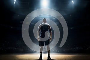 Basketball pro player standing in the court ready to play. AI Generated