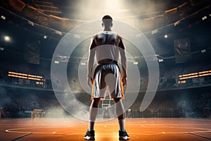 Basketball pro player standing in the court ready to play. AI Generated