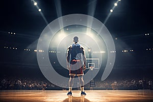 Basketball pro player standing in the court ready to play. AI Generated