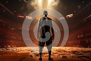 Basketball pro player standing in the court ready to play. AI Generated