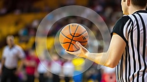 Basketball referee holding a basketball at a game in a crowded sports arena, Generative AI