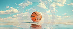 Basketball on reflective surface under cloudy sky
