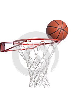 Basketball on a rim with net isolated on white