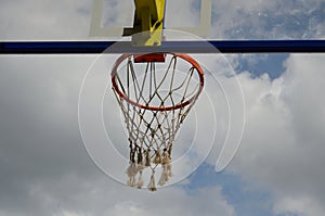 Basketball ring close-up against cloudy cloudy sky