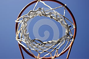 Basketball ring with white net.