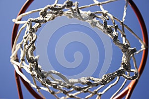 Basketball ring with white net.