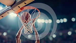 Basketball Scoring Action in Stadium Lights. Generative ai