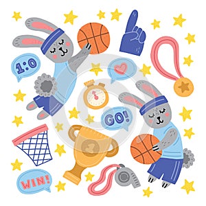 Basketball set with banny sportsmans, cup, basket, whistle, ball, speech bubles, support glove with finger, medal, stopwatch