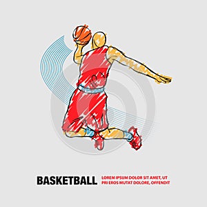 Basketball Slam dunk by Basketball Player. Vector outline of soccer player with scribble doodles.