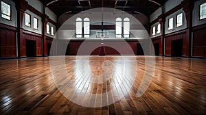 Basketball in sport arena, Empty Indoor basketball court. Horizontal panoramic
