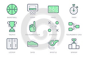 Basketball sport simple line icons. Vector illustration with minimal icon - court, whistle, goblet, foam finger, game