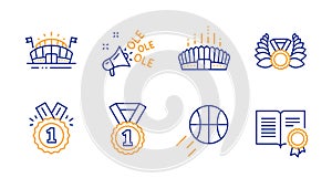 Basketball, Sports arena and Approved icons set. Ole chant, Arena stadium and Laureate medal signs. Vector