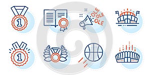 Basketball, Sports arena and Approved icons set. Ole chant, Arena stadium and Laureate medal signs. Vector