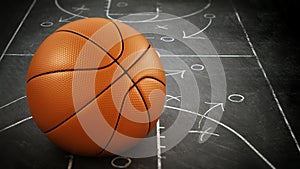 Basketball standing on game strategy blackboard. 3D illustration