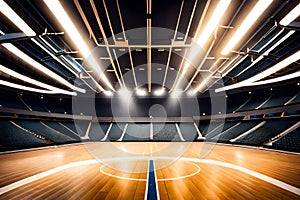 A basketball suspended in mid-air, moments before swishing through the net, the court glistening under bright arena lights