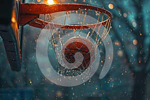 Basketball Swishing Through Net in the Rain. Generative AI