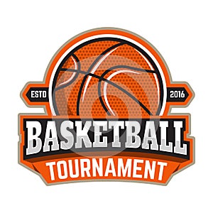 Basketball tournament. Emblem template with basketball ball. Design element for logo, label, sign. photo