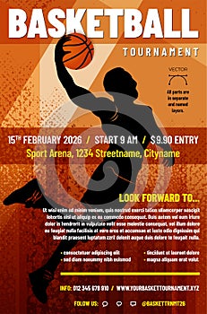 Basketball tournament poster template with abstract silhouette of jumping player