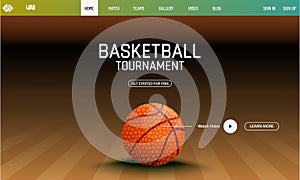 Basketball Tournament Responsive Template Design with Realistic Basketball on Brown Fiel