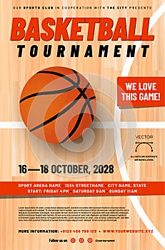 Basketball tournament template with wooden floor