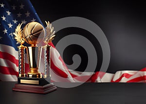 Basketball trophy and American flag