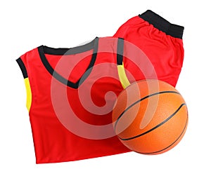 Basketball uniform and ball on white, top view