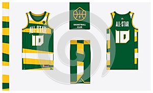 Basketball uniform mockup template design. Basketball jersey, basketball shorts in front and back view. Basketball logo design.