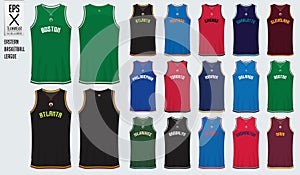 Basketball uniform template design. Tank top t-shirt mockup for basketball club in USA Eastern basketball division.