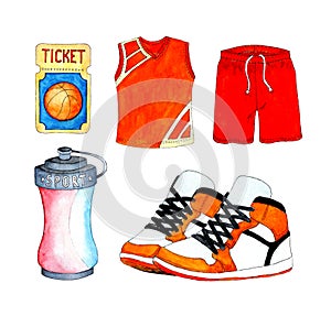 Basketball watercolor set. Shorts and T-shirt, uniforms, trainers and a sports water bottle.