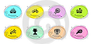 Basketball, Whistle and Ole chant icons set. Arena stadium, Winner and Bicycle signs. Arena, Award cup symbols. Vector