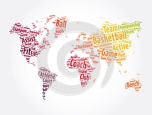 Basketball word cloud in shape of world map, sport concept background