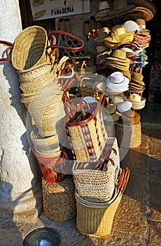 Baskets and bags of esparto, traditional Spanish crafts in Plaza Mayor of Almagro, Spain photo