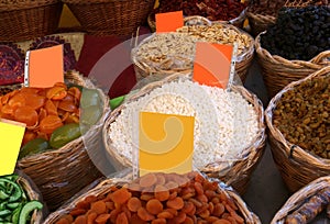 Baskets of dried fruit for sale at the fruit market