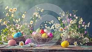 Baskets with Easter colored eggs on a rustic wooden antique table . Generative Ai