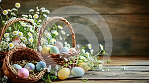 Baskets with Easter colored eggs on a rustic wooden antique table . Generative Ai
