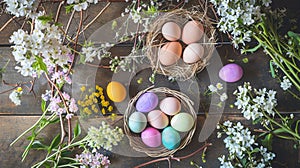 Baskets with Easter colored eggs on a rustic wooden antique table . Generative Ai