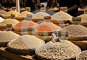 Baskets filled with different types of grains and seeds are displayed in a market setting, each