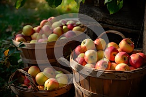 Baskets filled with freshly picked apples. Apple harvest. Generative AI