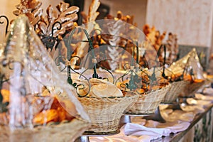 Baskets with fresh bread in restaurant.