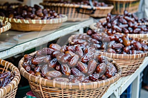baskets of fresh dates displayed at a middle eastern market