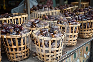baskets of fresh dates displayed at a middle eastern market